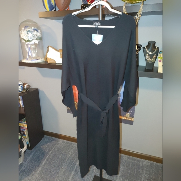 Abbott Elementary Black Midi Knit Dress With Tie Around Waist, Size Medium, NWT - Picture 2 of 9